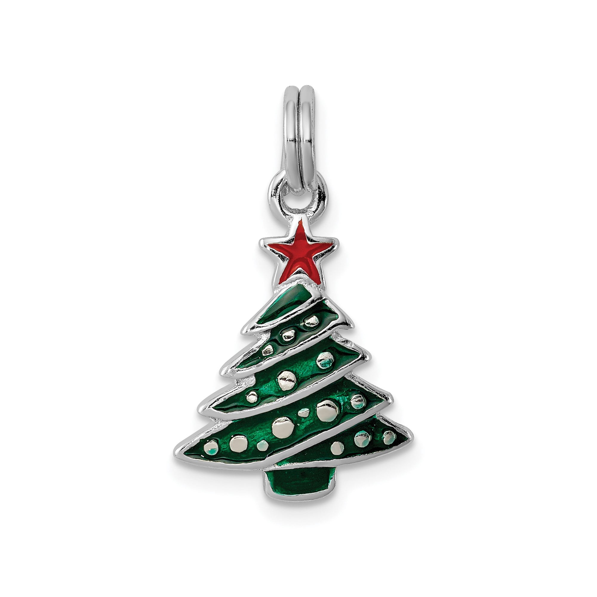 Sterling Silver Christmas Tree Pendant Necklace with Green Enamel and Red Star, Holiday Jewelry for Women or Unisex, Festive Seasonal Accessory with Celebration Symbol and Decorative Design
