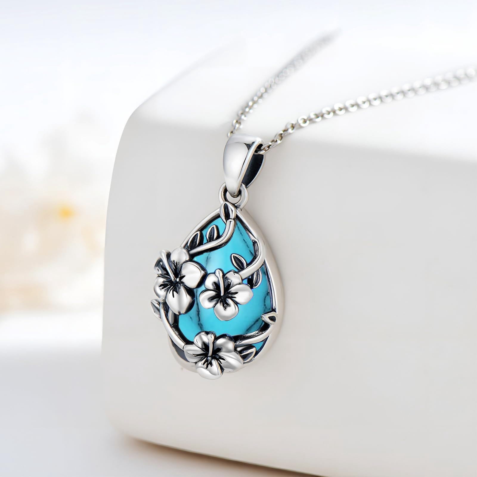 Coachuhhar Hibiscus Necklace 925 Sterling Silver Turquoise Hawaii Flower Pendant Necklace Hawaiian Jewelry Gifts Christmas for Women Mother Wife