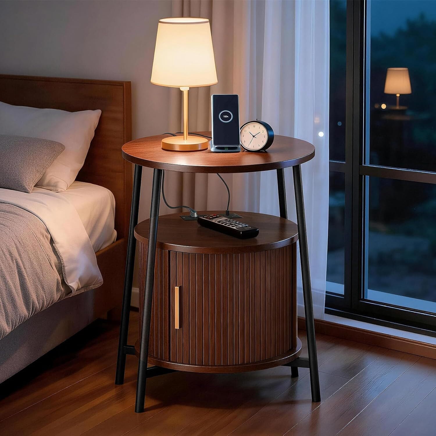 avobird Round End Tables Set of 2 & Charging Station, Fluted Accent Side Table with Sliding Door, Mid-Century Modern Nightstand set of 2 for Small Space Storage, Living Room, Bedroom,Sofa, Walnut