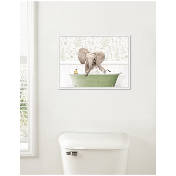 Kate and Laurel Baby Elephant No3 in Fern Bath Framed Canvas Wall Art by Amy Peterson 24 x 18 Sylvie White, Whimsical, Animals, Humor, Nature Art for Wall Decor, Living Room, Bedroom
