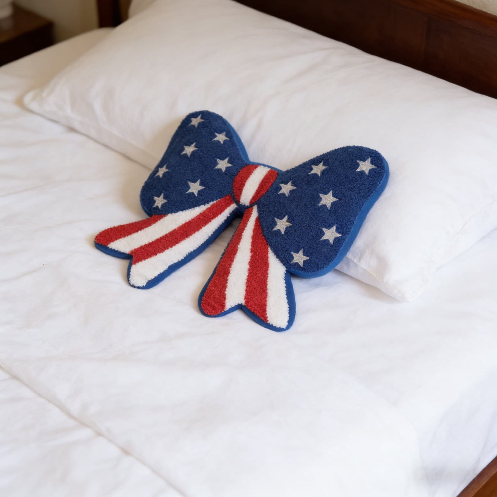 Fuebueo Independence Day Patriotic Bow Pillow, Red White and Blue Stars and Stripes Decorative Throw Cushion, 14.5 x 13 Inch