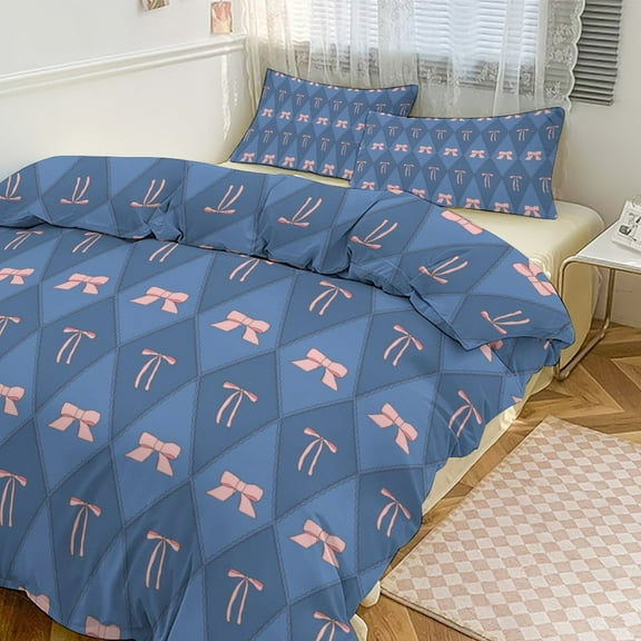 ss Cute Bow Duvet Cover Set Themed Multicolor Polyester Bedding Set for Bedroom Decoration