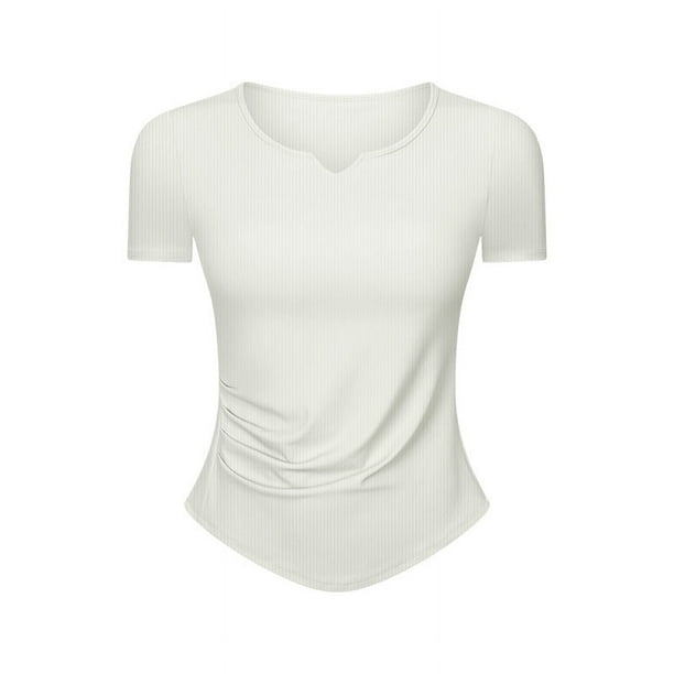 Top deportivo de manga corta con escote en V pequeño para mujer, para fitness, running, ajustado, adelgazante, yoga