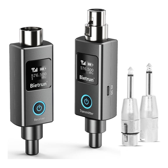 Bietrun Wireless XLR Transmitter Receiver, Wired to Wireless Mic XLR Adapter, UHF 230ft Range, 30 Channels, Receiver with Bluetooth, XLR to 1/4'' Adapter, for Dynamic/Condenser Mics, Audio Interface