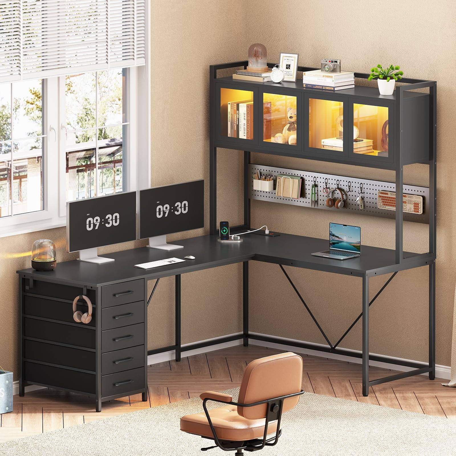 L Shaped Gaming Desk, Reversible L Shaped Desk with Hutch, Drawers and Power Outlet, Gaming Desk with Led Lights, Pegboard and Storage Shelf, Black
