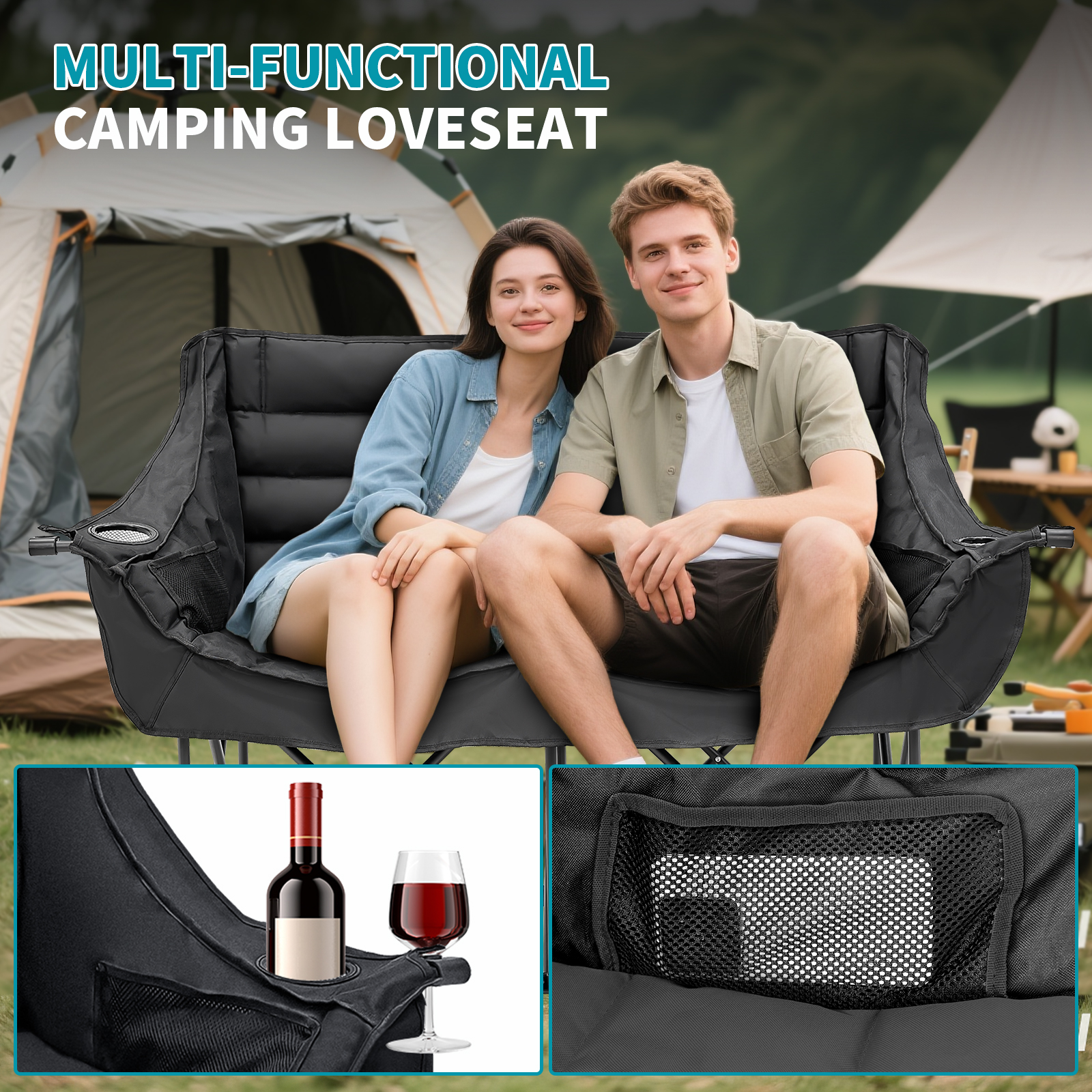 ABORON Oversized Double Camping Chair, Folding 2 Person Camping Chair Loveseat, Fully Padded Duo Chair Camping Couch, Portable Double Camp Chair, Lawn Chairs, Camping Bench with Carrying Bag