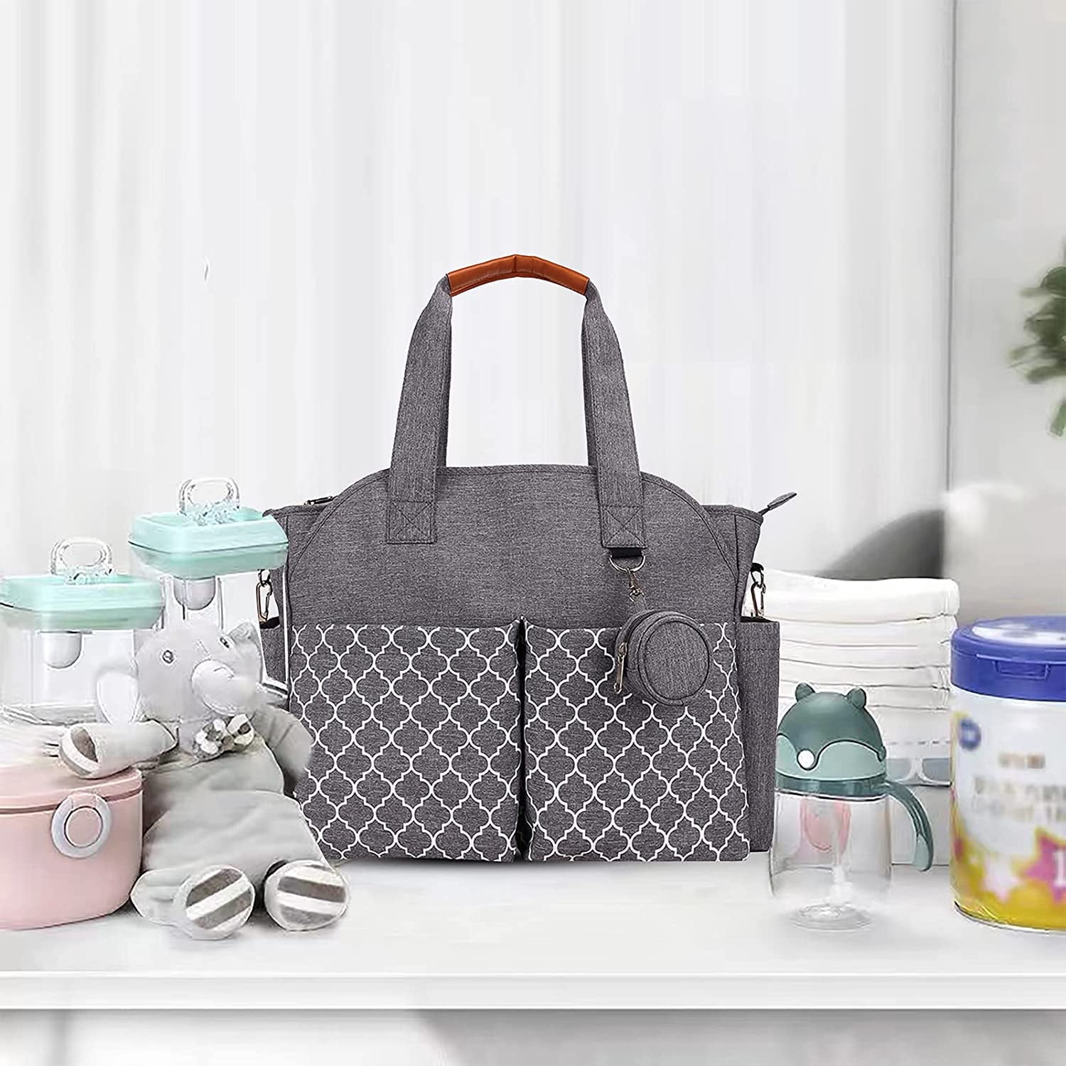 Baby Travel Diaper Bag Tote Gray with Pacifier Holder Adjustable Strap Insulated Pockets