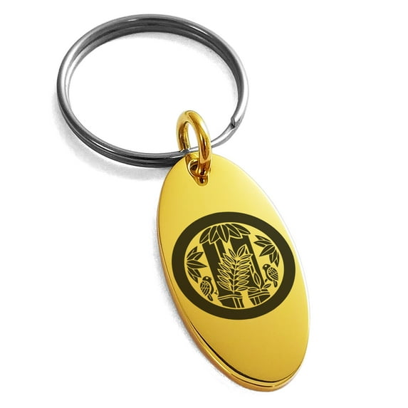 Stainless Steel Torii Samurai Crest Engraved Small Oval Charm Keychain Keyring