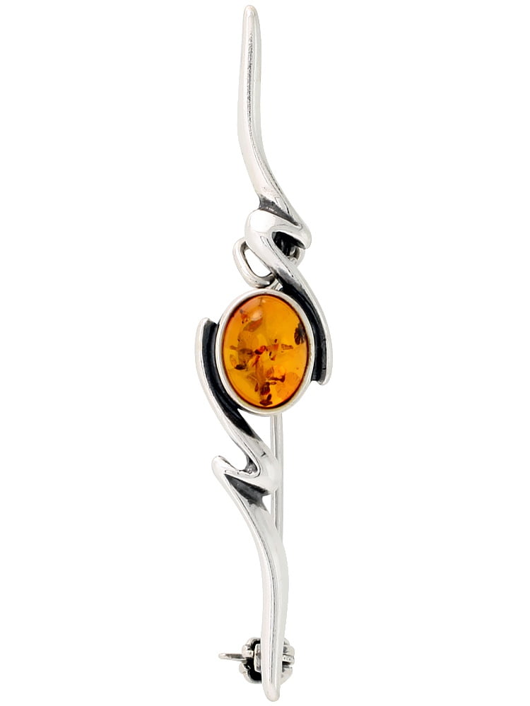Sterling Silver Oval Cabochon Russian Baltic Amber Brooch Pin, 1 15 16 inch wide by WorldJewels