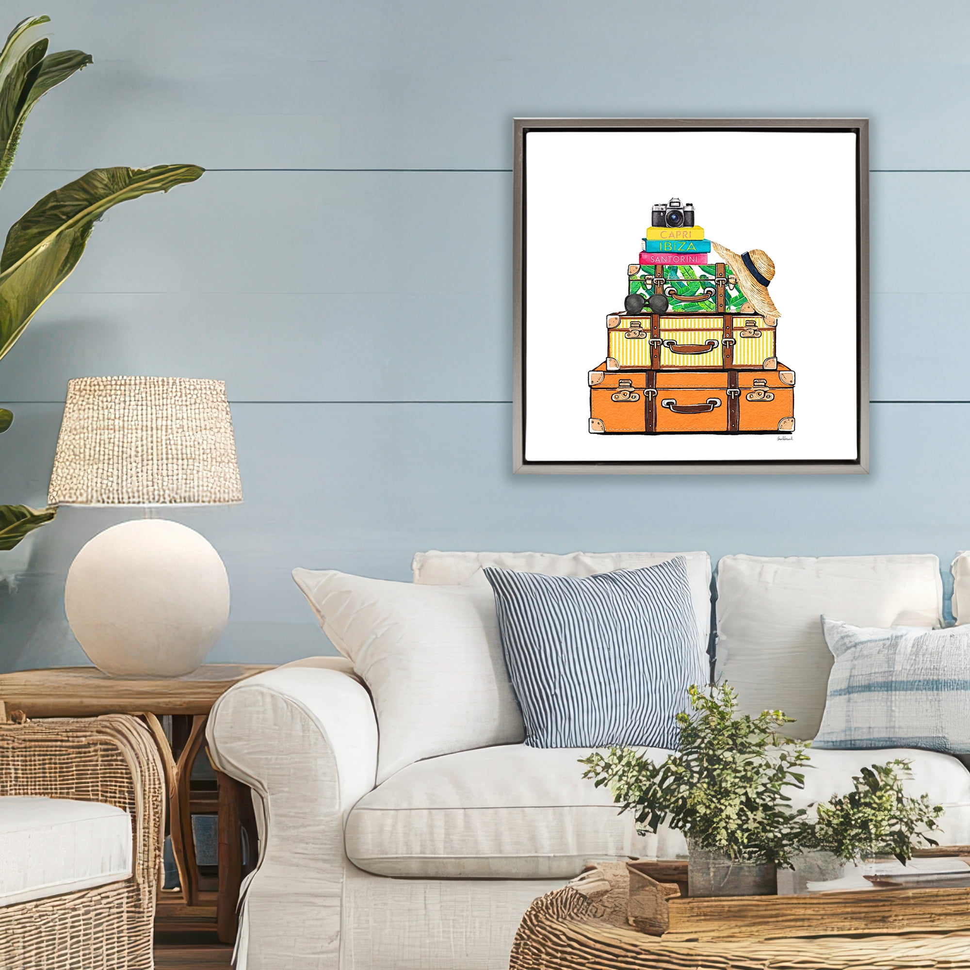 Stupell Industries Travel Suitcases & Camera Gray Framed Floater Canvas Wall Art, design by Amanda Greenwood