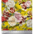 thumbnail image 1 of Soimoi Tissu en Poly Georgette Jaune Imprimé Feuilles & Roses au Mètre 52 Pouces de Large, 1 of 3