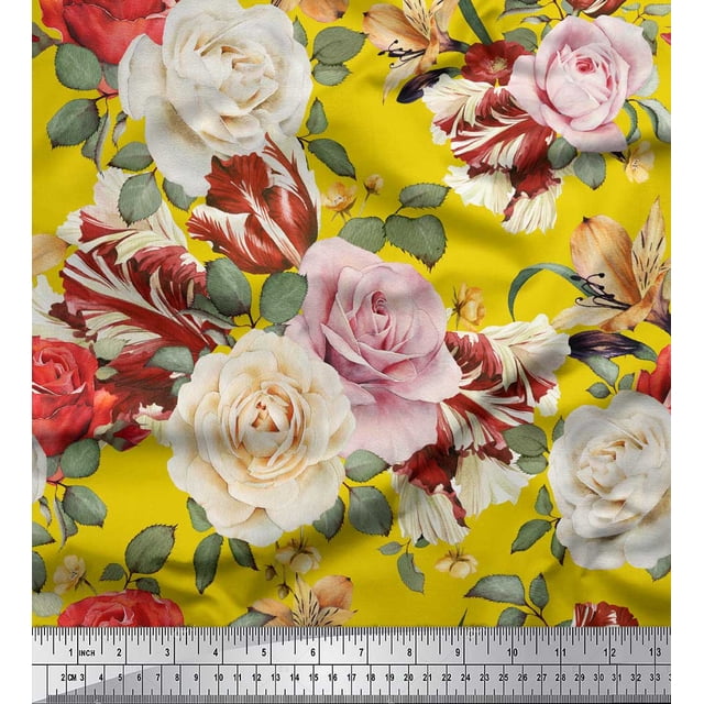 Soimoi Tissu en Poly Georgette Jaune Imprimé Feuilles & Roses au Mètre 52 Pouces de Large