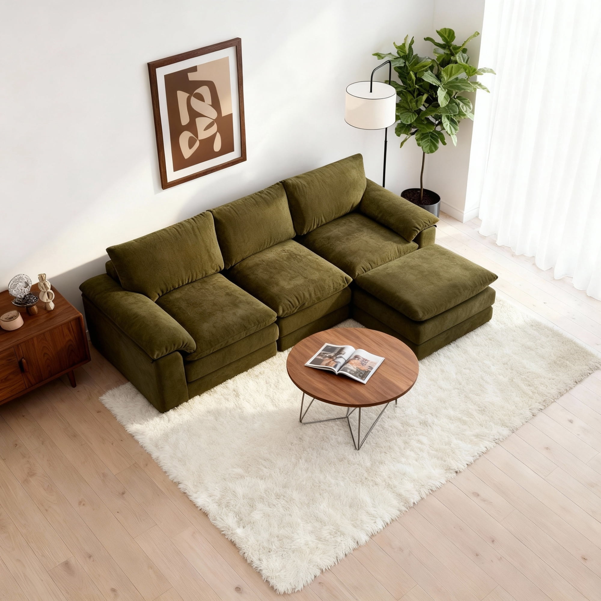Leumius L-Shape Modular Sectional Sofa, Cloud Couch with 1 Movable Ottoman, Comfy Chenille Deep Seat Sofa with Soft Pillows for Living Room Apartment (Green)