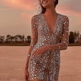 thumbnail image 4 of Vestido de lentejuelas para mujer, vestido de vacaciones dorado, manga larga, lentejuelas de Color puro, invierno, otoño, cuello en V, moda, fiesta, otoño, vestido delgado, 4 of 4