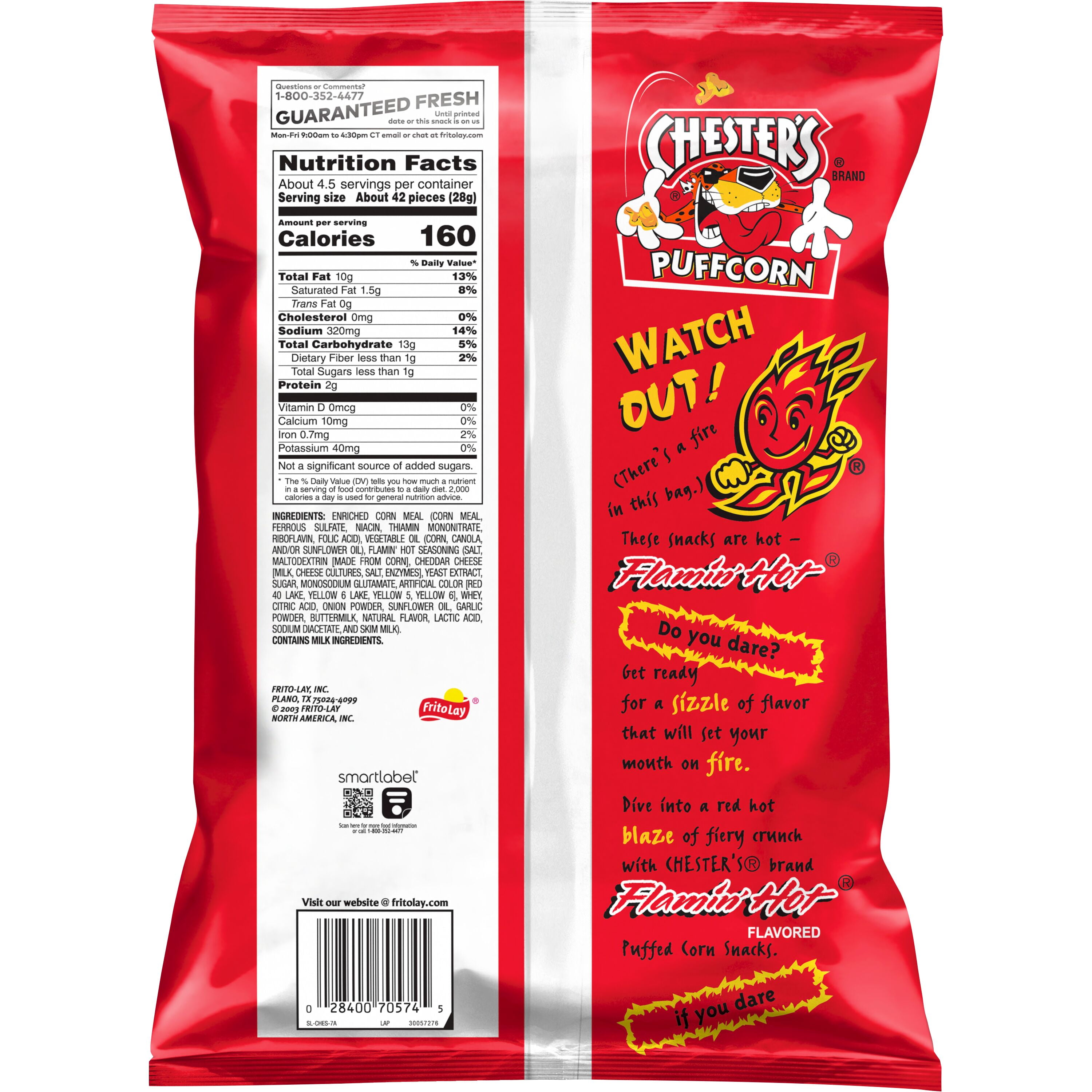 Chester's Puffcorn Flamin' Hot Flavored Puffed Corn Snacks, 4.25 oz Bag