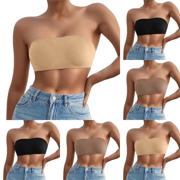 khonts,Women's Smoothing Strapless Bandeau Bra Non- Padded Wireless Tube Top Seamless Large Bust Bras Khaki XL