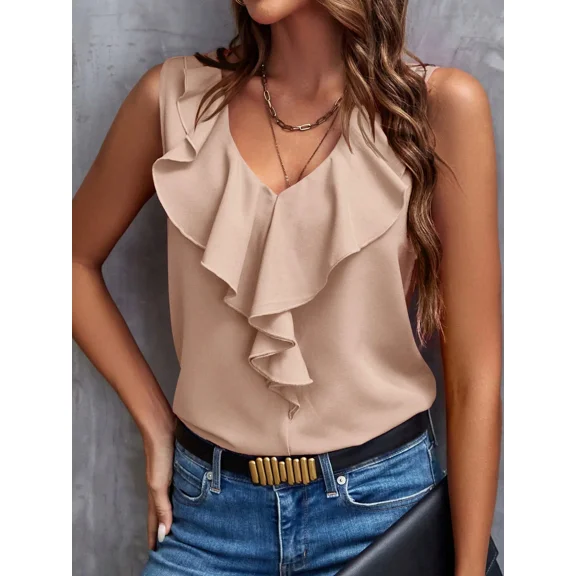 Women Spring Shirt Solid Color V Neck Sleeveless Casual Sexy Elegant Comfortable Shirt