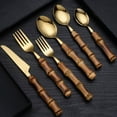 thumbnail image 2 of Bamboo Handle Stainless Steel Cutlery Set Wooden Spoon and Fork Set Knife Minimalist Gold Dinnereware Tableware set Gift, 2 of 9
