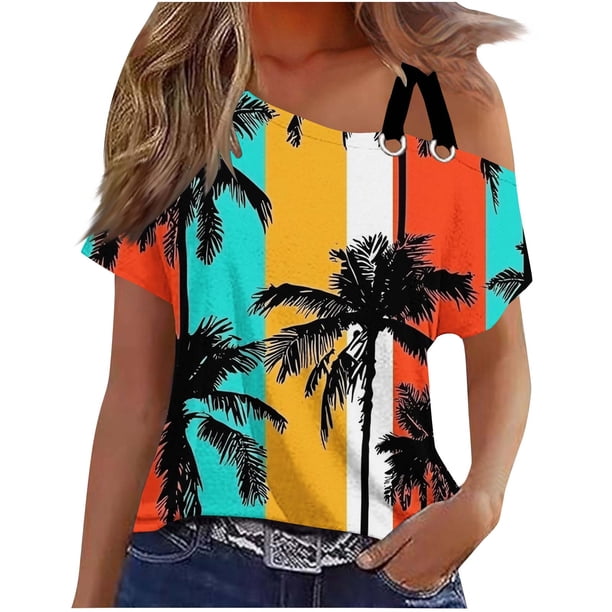 Tops de Ajuste Suelto para las Mujeres Moda Impresa Doble Suspensión Manga Corta Top Suelto, Blusa Casual Ligera