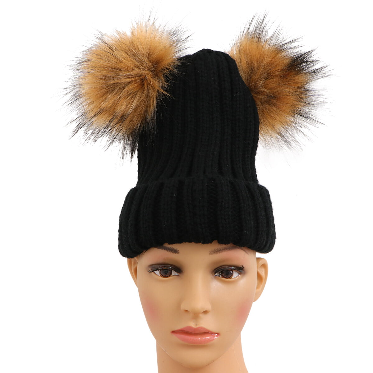 Winter Knit Beanie Hat with Double Pom Pom Ears for Women Girls (Black) 