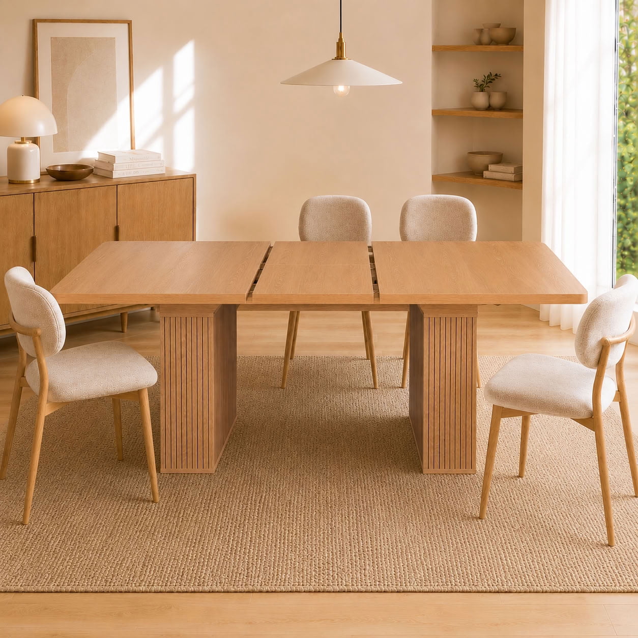 MAYEERTY Extendable Rectangular Dining Table for 6-10, Modern Expandable Kitchen Table with Built-in Storage Cabinet & Hidden Extension Leaf, for Dining Room, Apartment, Kitchen