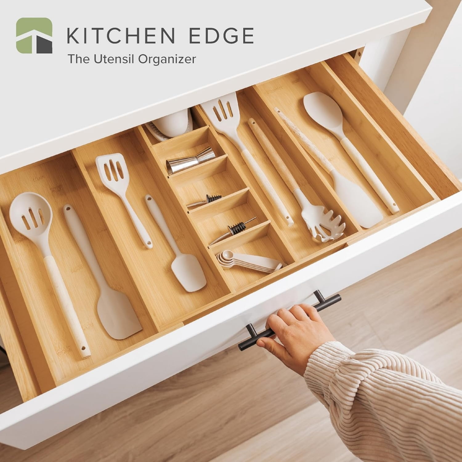 Adjustable Kitchen Drawer Organizer for Utensils and Junk, Food-Safe Contract Grade with 100%  Wood, Non-Slip, Expandable from 16" to 28" Wide - Bamboo