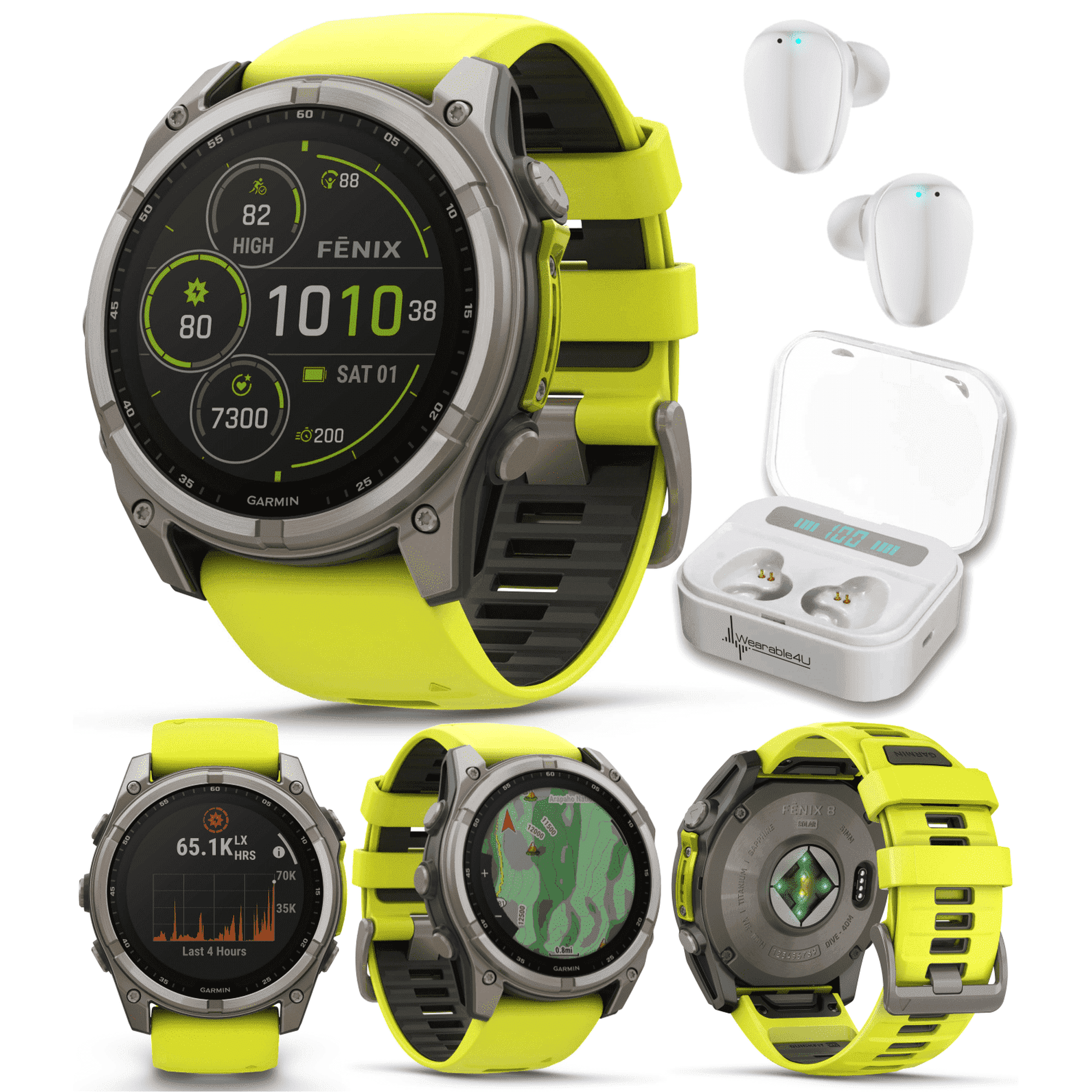 Garmin Fenix 8  51 mm, Solar, Sapphire Amp Yellow/Graphite Silicone GPS AMOLED Smartwatch with Wearable4U White EarBuds Bundle