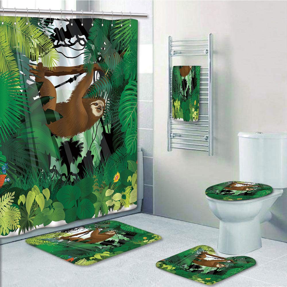 PRTAU Sloth Vibrant Exotic Rainforest with Various Plants Sloth Hanging