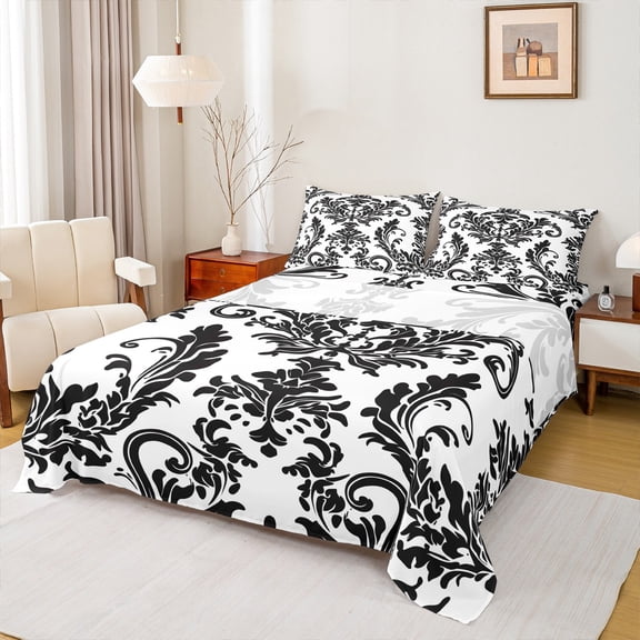 Manfei Tribal Damask Flower Bed Sheets, White Black Mandala King Sheets, Western Bohemian Theme Sheet Set, Luxury Bedroom Decor, 4pcs