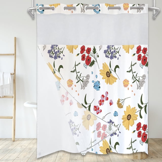 Dznils Rideau de Douche en Tissu Blanc Sans Crochets avec Doublure à Encliqueter, 72 Pouces x 74 Pouces, Motif Floral Rouge