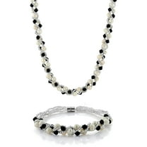 Gem Stone King 17 inch White Cultured Freshwater Pearl and Black Crystal Necklace   Bracelet Set 7 inch