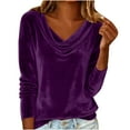 thumbnail image 3 of QATAINLAV Blouses for Women Business Casual Outfits Solid Color Elegant Velvet Long Sleeve Tops Cowl Neck Plus Size Shirts, Purple, L, 3 of 10