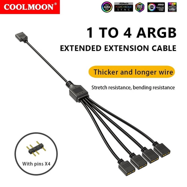 Disidente Divisor de ventilador de chasis ARGB 30 cm 1 a 2/3/4 para ventiladores de tira de luz de PC (negro 1 a 4)
