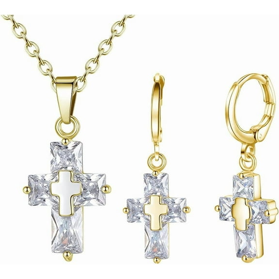 14K Quality Gold-Expertly Plated Cross, Cubic Zirconite Necklace   Earring Set | Women's Jewelry Set[c798]