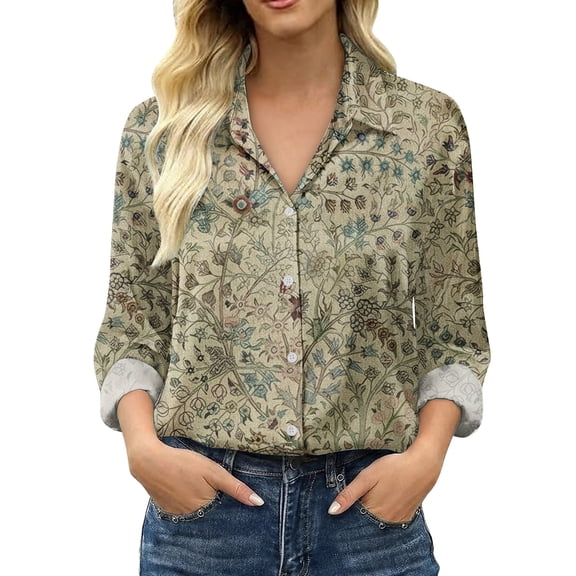 Womens Tops Retro Floral Print Long Sleeve Satin Shirt Spring Summer Shirts for Women Beige L
