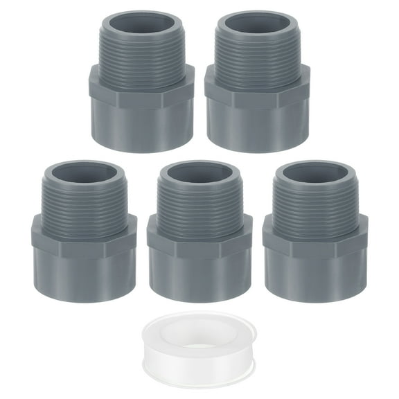 Male Adapter Pipe Fitting, 5Pcs 50mm(2") 2-Way Pipe Connectors with Sealant Tape (Socket x Male Pipe Thread), Hose Adapter Coupling for Plumbing Water Line (Grey)