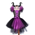 thumbnail image 4 of IDOPIP Girls Magnificent Witch Halloween Costume Black Gown with Horns Headpiece Feather Wings Outfits Set for Toddler Kids Baby Girl Fancy Dress up Cosplay 11-12 Years Black Purple Short, 4 of 8