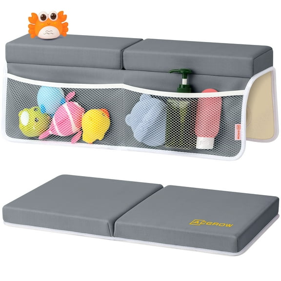 ACGROW Bath Kneeler and Elbow Rest Pad Set - 1.5" Thick Baby Bath Kneeler Pads with Toys Organizer, Anti-Slip Cozy Knee & Arm Support Bathtub Mat, Quick Dry Kneeling Pad for Baby Bath Time Dark Gray