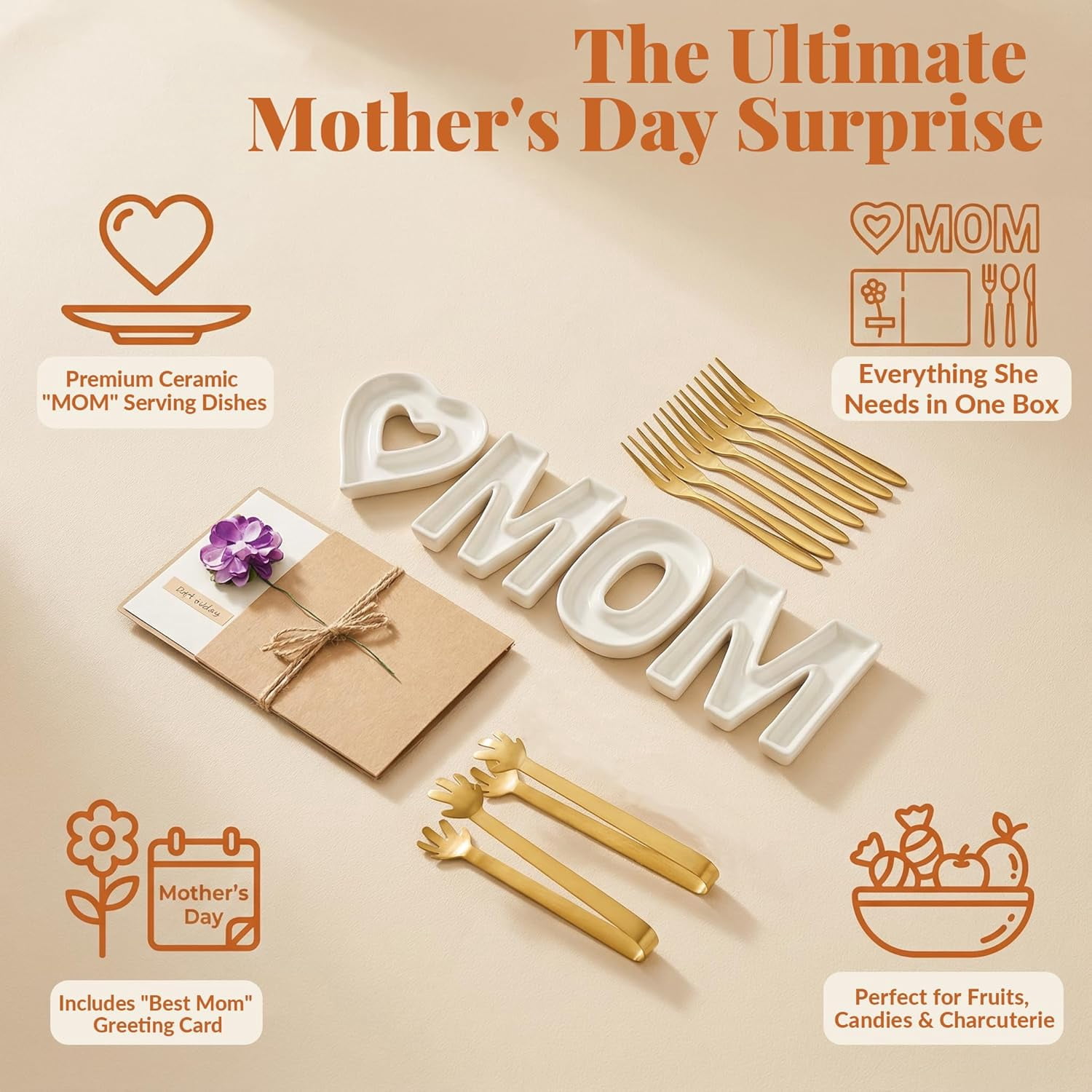 Mother’s Day & Birthday Gifts for Mom - Ceramic "MOM" Letter Candy Dishes & Charcuterie Board Set with 12 Gold Serving Utensils & 3D Greeting Card - Unique Table Decor for Party & Afternoon Tea