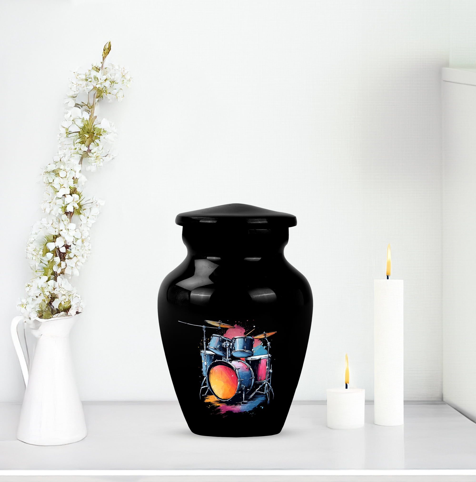 Drummer Memorial Keepsake Urns Set Of 4, Splash Colour Mini Urn For Ashes Adult Male, Black Musical Tribute Cremation Urn, Colourful Drum Set Funeral Keepsake Urns (Size, 3 Inch, 4 Pcs)