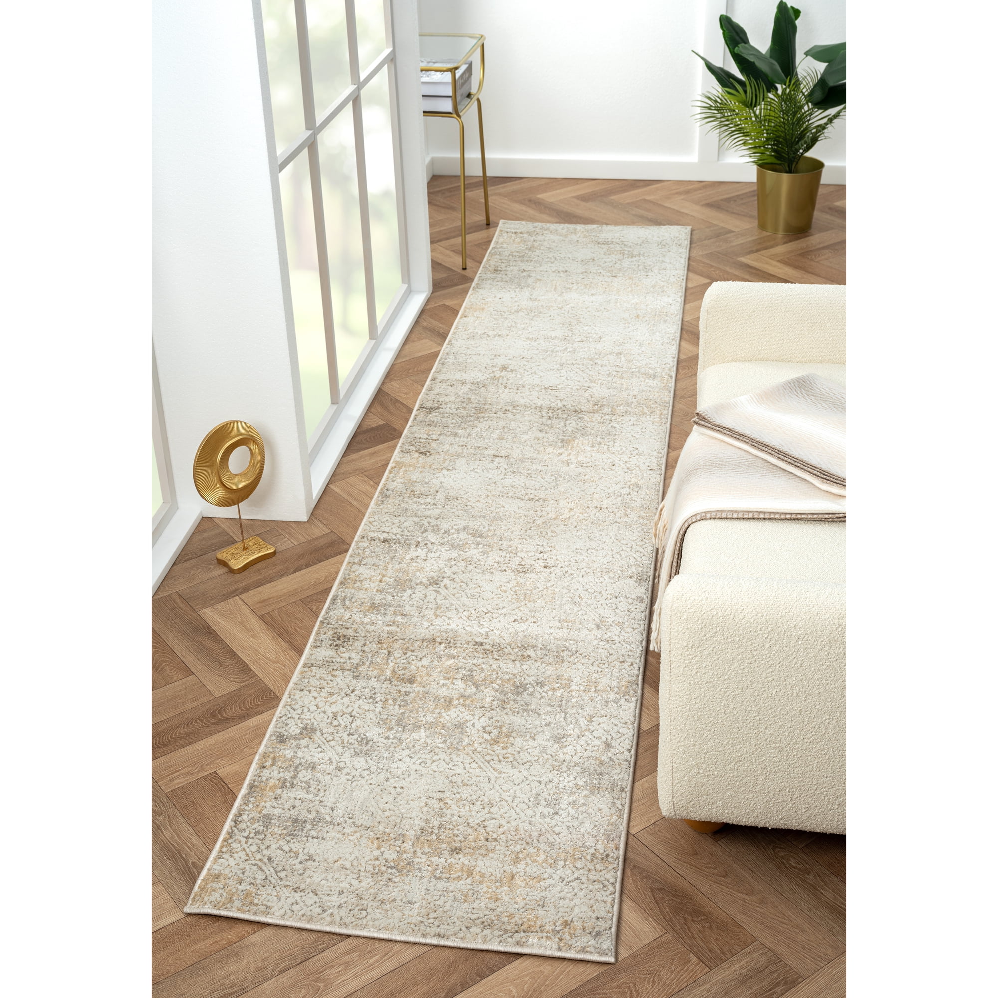 Ox Bay Claire Damask Transitional Performance Polyester Indoor Runner Rug, Gray/Beige, 2' x 10'