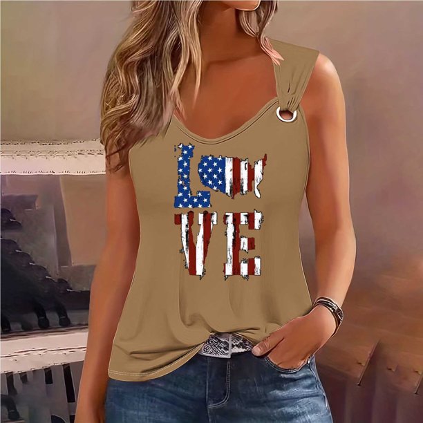 Puntoco Camisetas sin mangas ajustadas para mujer Camiseta sin mangas con estampado del Día de la Independencia para mujer Camiseta sin mangas holgada