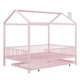 thumbnail image 6 of BEBPILOO Full Size Metal House Bed with Fence, With Trundle, Pink, 6 of 12