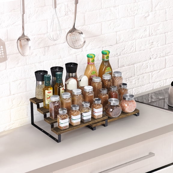 4-Pack Adjustable Spice Rack, 4-Tier Expandable Wooden Step Shelf for Kitchen Counter, Cabinet, Pantry