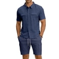 thumbnail image 5 of Men'S Short Sleeve Solid Color Workwear Button Down Shirt With Multiple Pockets And Cargo Shorts Set For Summer Casual Wear,Navy,XXL, 5 of 6
