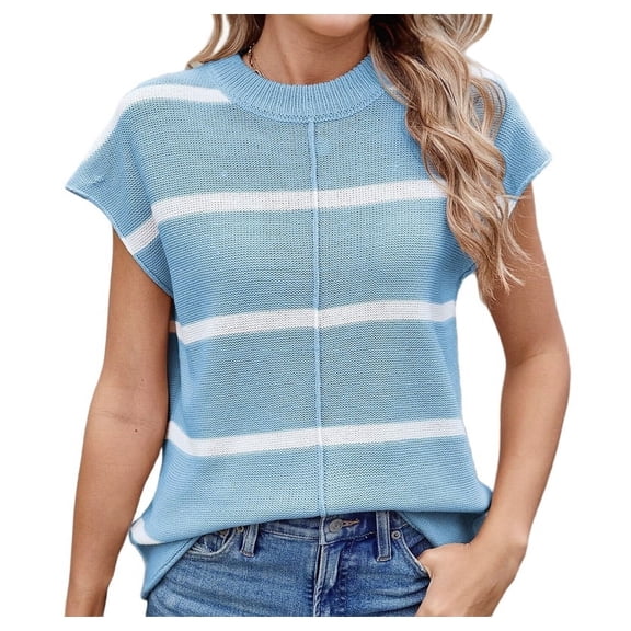 Gdvsclr Women Cap Sleeve Tank Tops Striped Crew Neck Casual Loose Fit Spring Summer Pullover Knit Sweater Vest Blue & White S