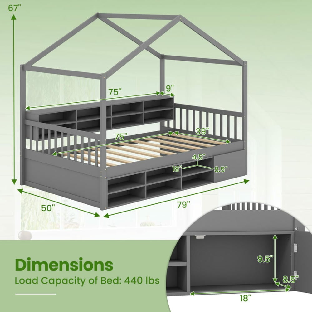Kepooman Bed Frame, Bed Frame Mattress Foundation,Twin Size House Bed with Roof with 14 Storage Cubes and Enclosed Cabinet-Gray