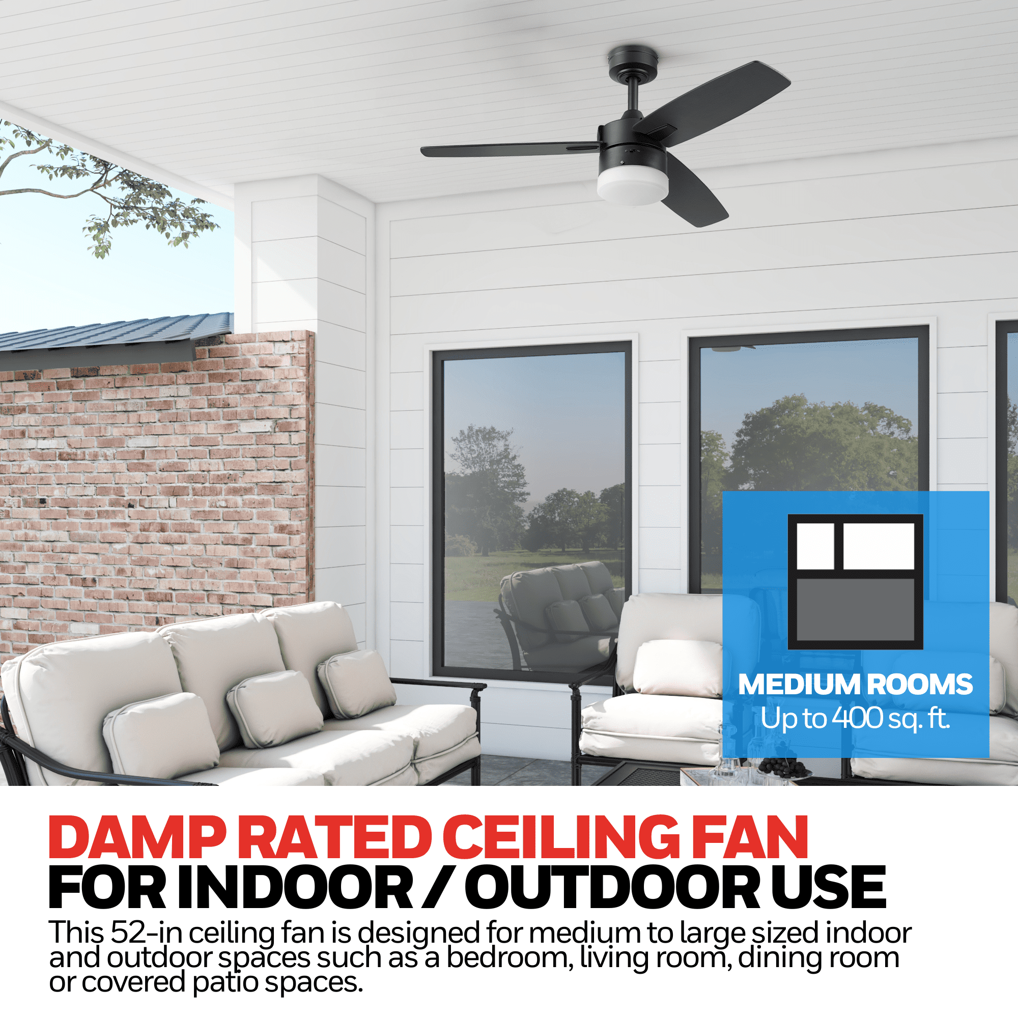 Honeywell Conifer 42" Black Modern Outdoor Ceiling Fan with Light and Remote Control, Reversible Motor
