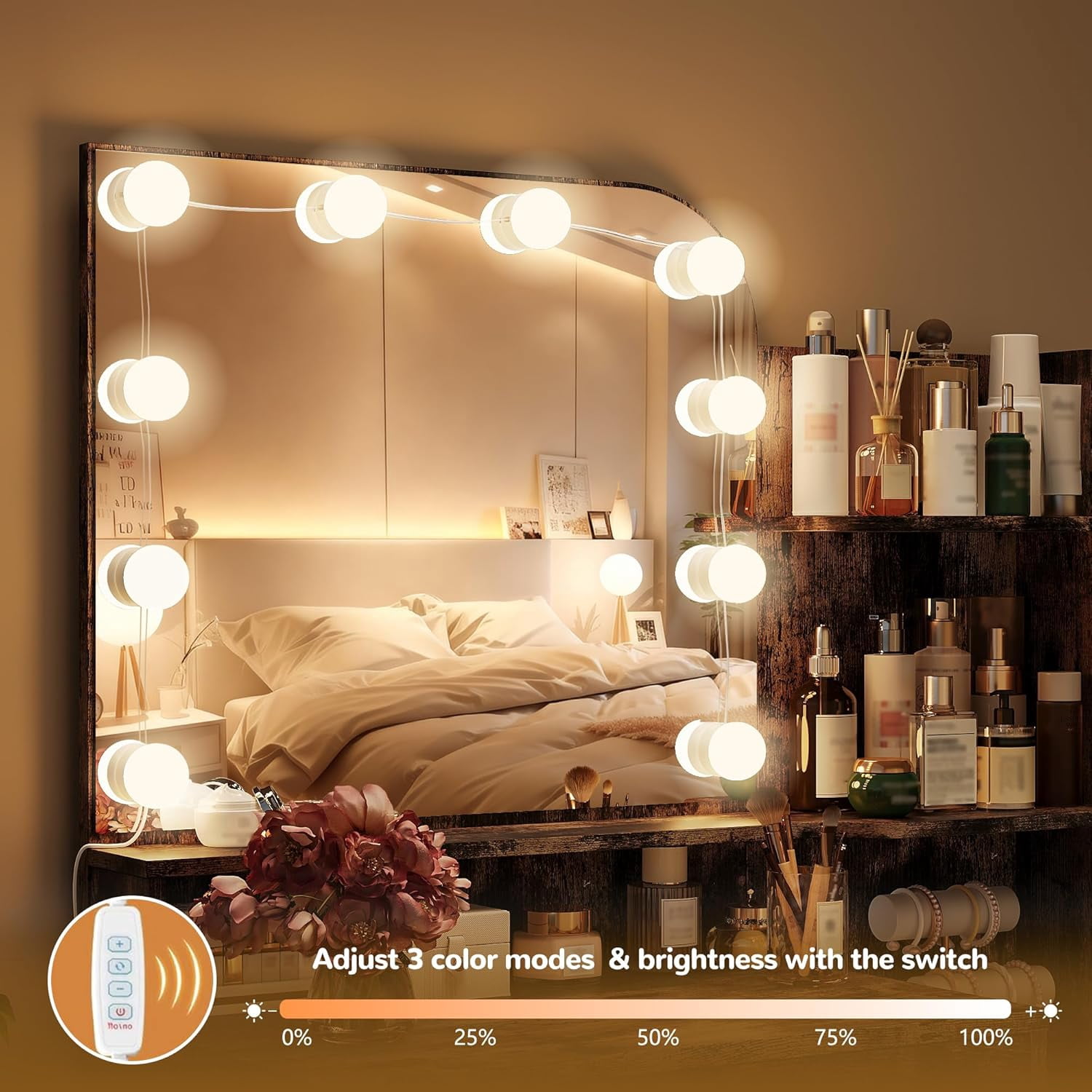 32" Makeup Vanity Desk with Mirror and Lights, 3 Lighting Colors, 5 Storage Shelves & Large Drawer, Brown Vanity Set for Bedroom, Girls and Women