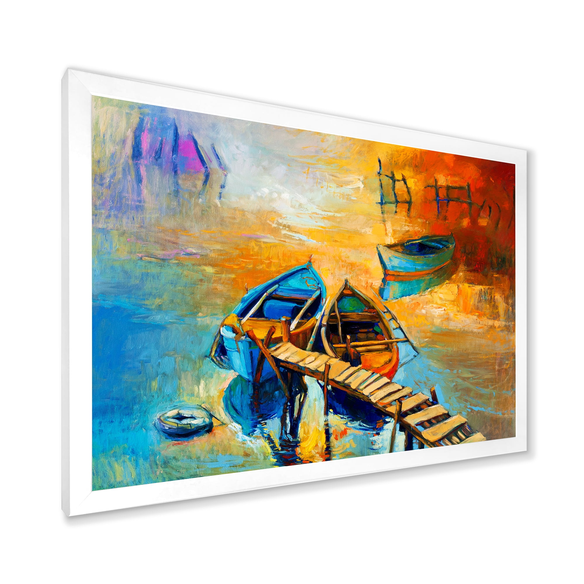 Boat At The Lake During Evening Glow V 32 in x 16 in Framed Painting Canvas Art Print, by Designart